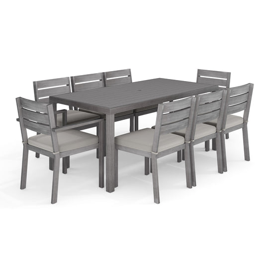 Bedford Indoor-Outdoor Patio Set with 70" Table and 8 Dining Chairs with Brushed Woodgrain Aluminum Finish and All-Weather Seat Cushions
