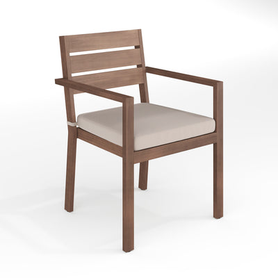 Bedford Indoor-Outdoor Stackable Patio Dining Armchair with Brushed Woodgrain Aluminum Finish and All-Weather Seat Cushion - View 1