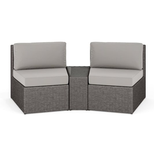 Bedford Set of 2 Indoor-Outdoor Modular Patio Curved Sectional Sofa Seats and Side Table in Rattan Wicker with All-Weather Cushions