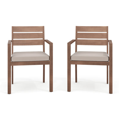 Bedford Set of 2 Indoor-Outdoor Stackable Patio Dining Armchairs with Brushed Woodgrain Aluminum Finish and All-Weather Seat Cushions - View 1
