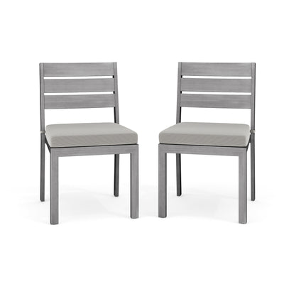 Bedford Set of 2 Indoor-Outdoor Stackable Patio Dining Chairs with Brushed Woodgrain Aluminum Finish and All-Weather Seat Cushions - View 1