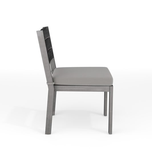 Bedford Set of 2 Indoor-Outdoor Stackable Patio Dining Chairs with Brushed Woodgrain Aluminum Finish and All-Weather Seat Cushions