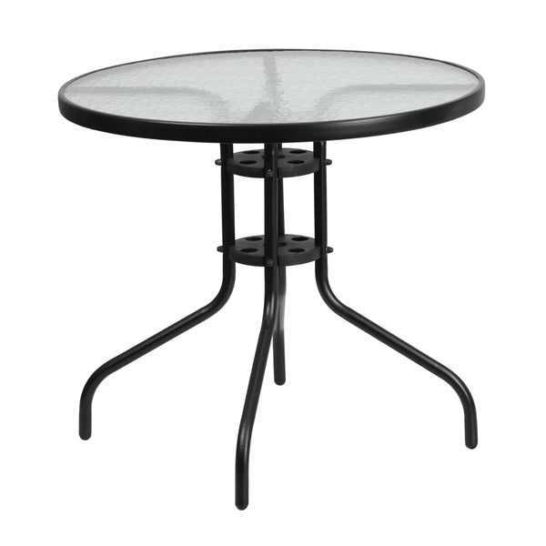 Clear/Black |#| 31.5inch Round Tempered Glass Metal Table with Smooth Ripple Design Top