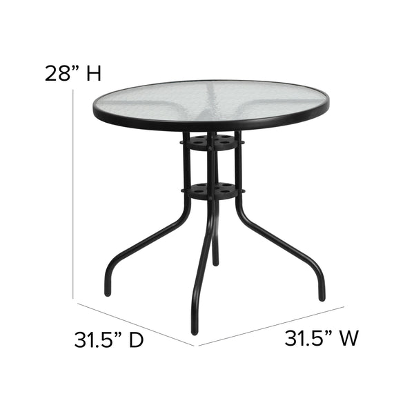 Clear/Black |#| 31.5inch Round Tempered Glass Metal Table with Smooth Ripple Design Top