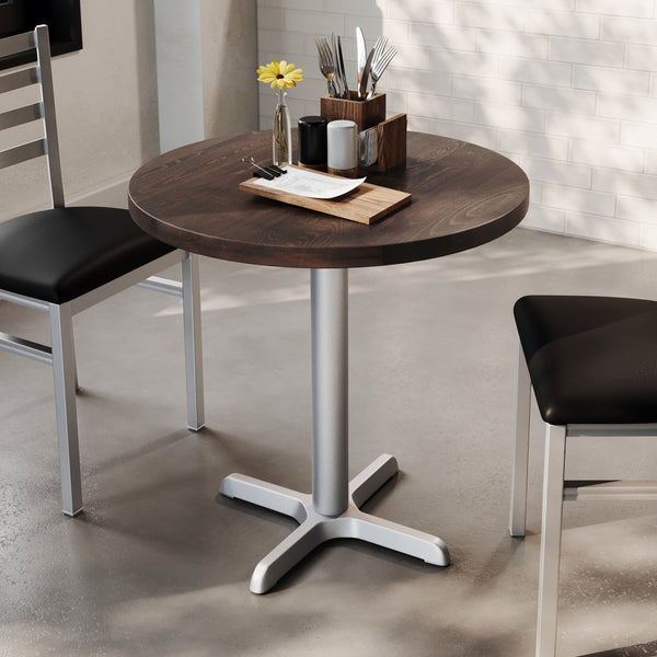 Dark Brown Top/Silver Base |#| Commercial 30" DK BN Wood Tabletop-22" x 22" SIL Table Height Cast Iron X Base