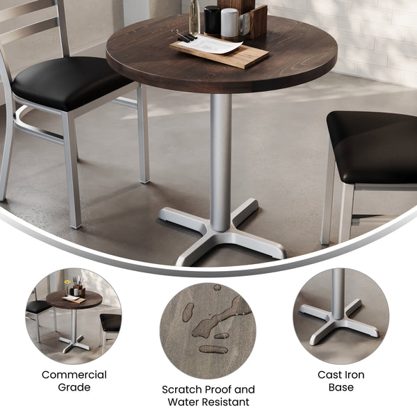 Dark Brown Top/Silver Base |#| Commercial 30" DK BN Wood Tabletop-22" x 22" SIL Table Height Cast Iron X Base
