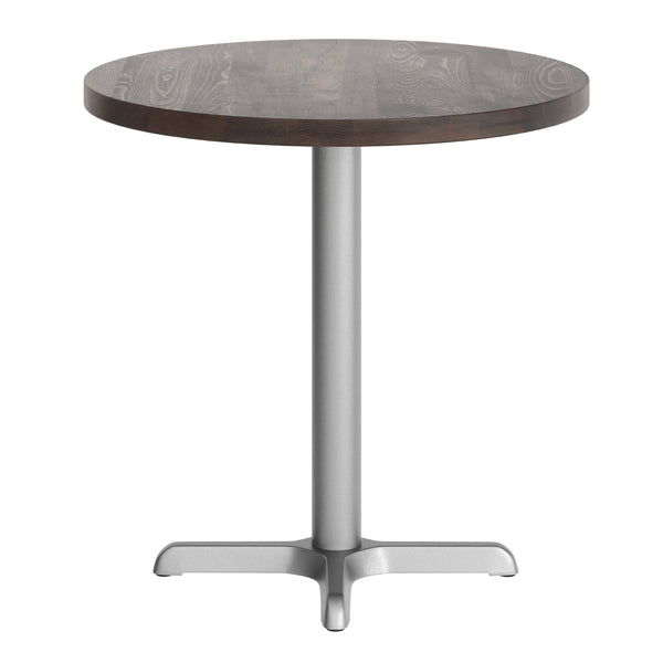 Dark Brown Top/Silver Base |#| Commercial 30" DK BN Wood Tabletop-22" x 22" SIL Table Height Cast Iron X Base
