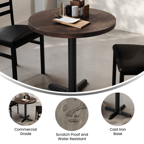 Dark Brown Top/Black Base |#| Commercial 30" DK BN Wood Tabletop-22" x 22" Black Table Height Cast Iron X Base