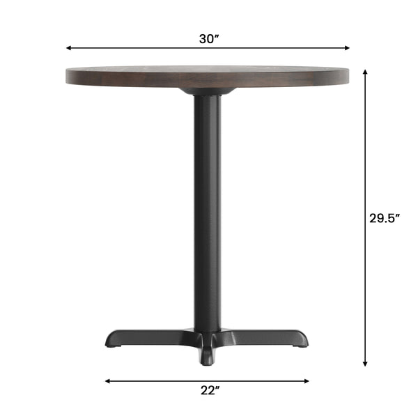Dark Brown Top/Black Base |#| Commercial 30" DK BN Wood Tabletop-22" x 22" Black Table Height Cast Iron X Base