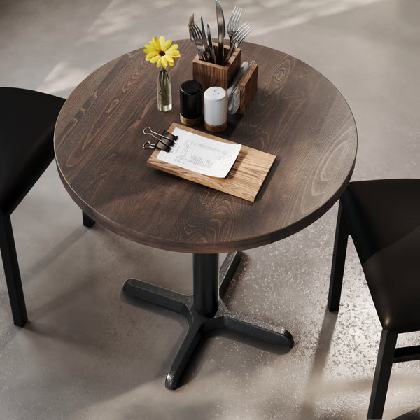 Dark Brown Top/Black Base |#| Commercial 30" DK BN Wood Tabletop-22" x 22" Black Table Height Cast Iron X Base