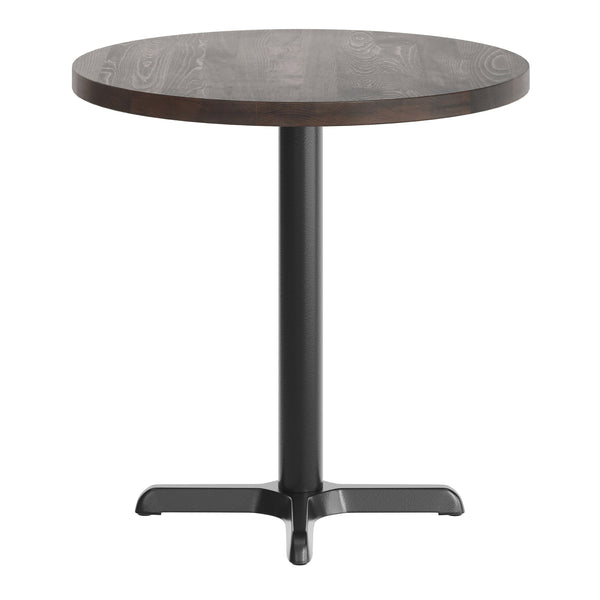 Dark Brown Top/Black Base |#| Commercial 30" DK BN Wood Tabletop-22" x 22" Black Table Height Cast Iron X Base