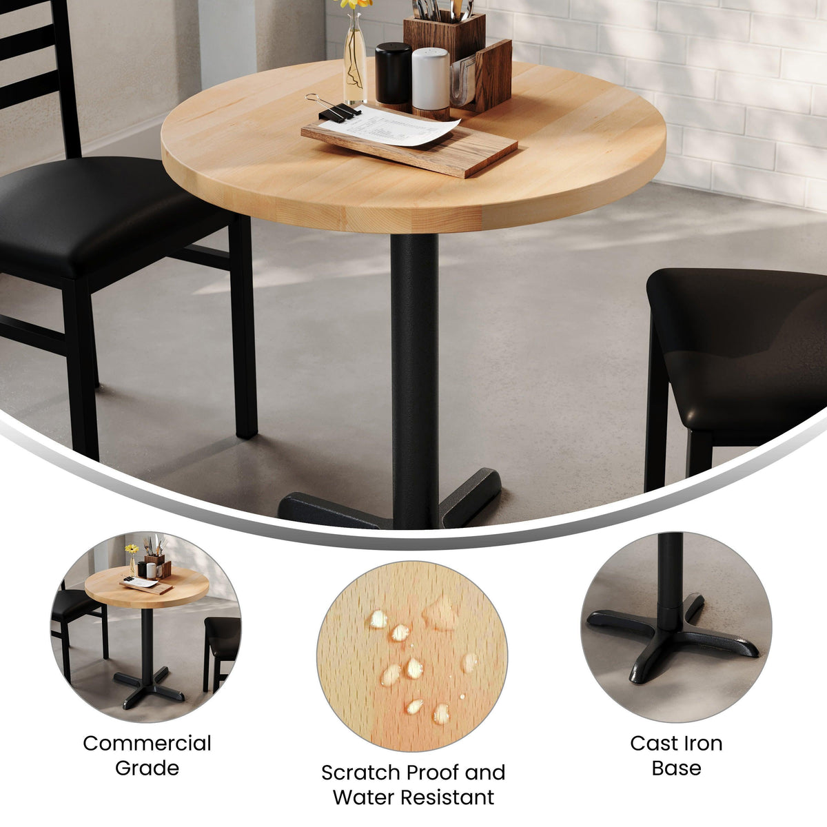 Natural Top/Black Base |#| Commercial 30" NAT Wood Tabletop-22" x 22" Black Table Height Cast Iron X Base