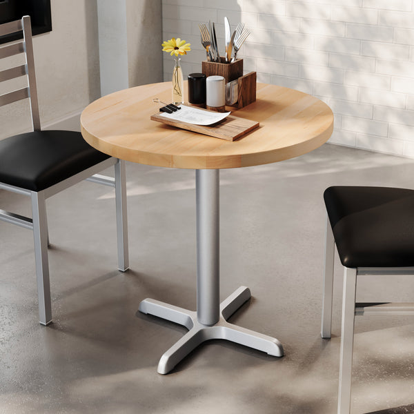 Natural Top/Silver Base |#| Commercial 30" NAT Wood Tabletop-22" x 22" SIL Table Height Cast Iron X Base