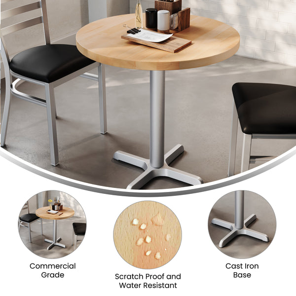 Natural Top/Silver Base |#| Commercial 30" NAT Wood Tabletop-22" x 22" SIL Table Height Cast Iron X Base