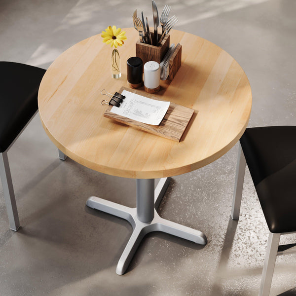 Natural Top/Silver Base |#| Commercial 30" NAT Wood Tabletop-22" x 22" SIL Table Height Cast Iron X Base