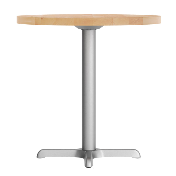 Natural Top/Silver Base |#| Commercial 30" NAT Wood Tabletop-22" x 22" SIL Table Height Cast Iron X Base