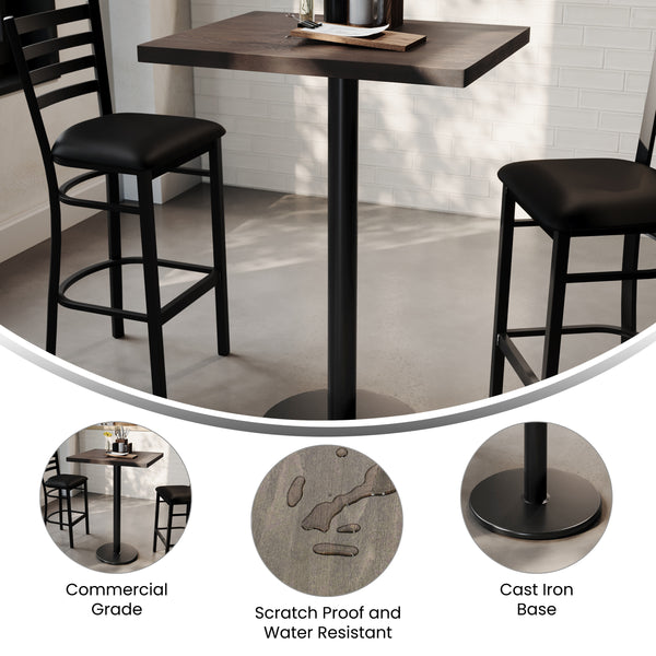 Dark Brown Top/Black Base |#| Commercial 24x30 DK Brown Wood Tabletop-18" RD Black Bar Height Cast Iron Base