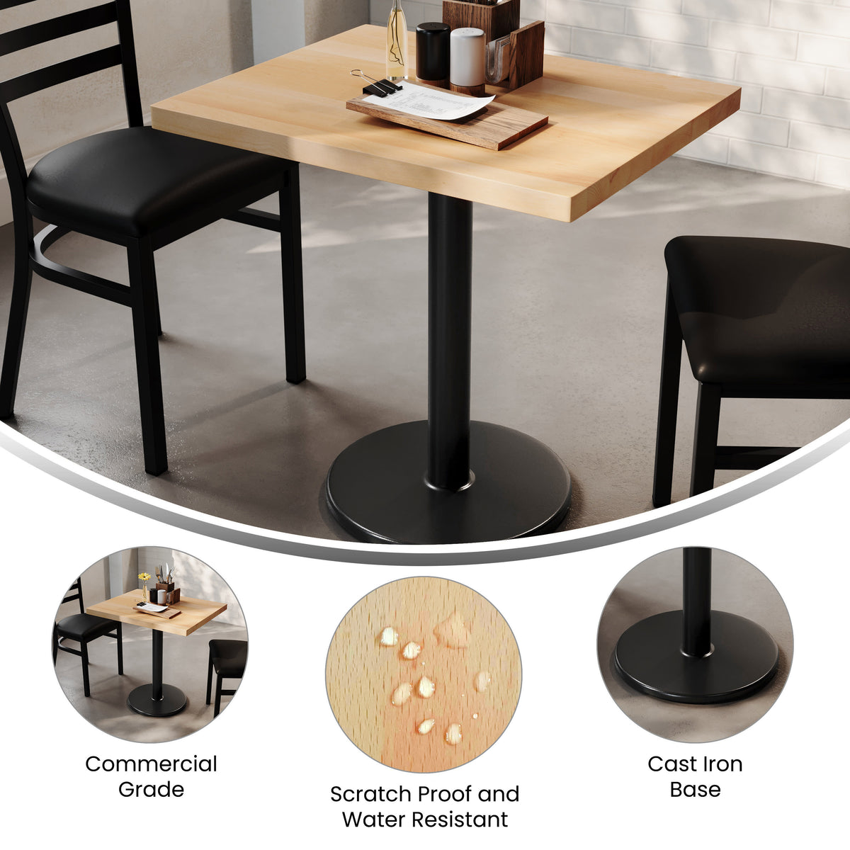 Natural Top/Black Base |#| Commercial 24x30 Natural Wood Tabletop-18" RD Black Cast Iron Base