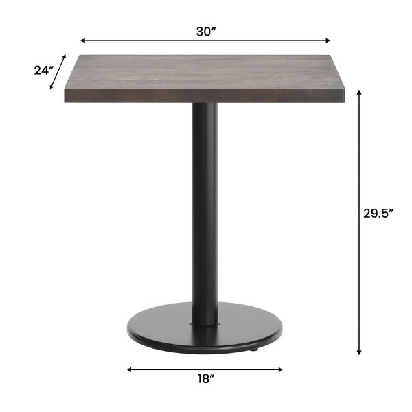 Dark Brown Top/Black Base |#| Commercial 24x30 DK Brown Wood Tabletop-18" RD Black Cast Iron Base