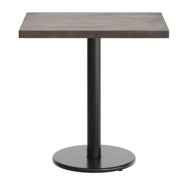 Dark Brown Top/Black Base |#| Commercial 24x30 DK Brown Wood Tabletop-18" RD Black Cast Iron Base