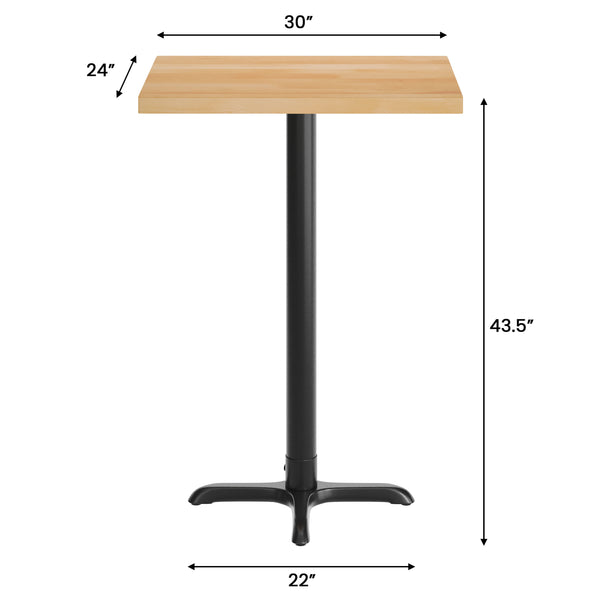 Natural Top/Black Base,30"L x 24"W |#| Commercial 24x30 Natural Wood Tabletop and 22x22 Bar Height BK Cast Iron X Base