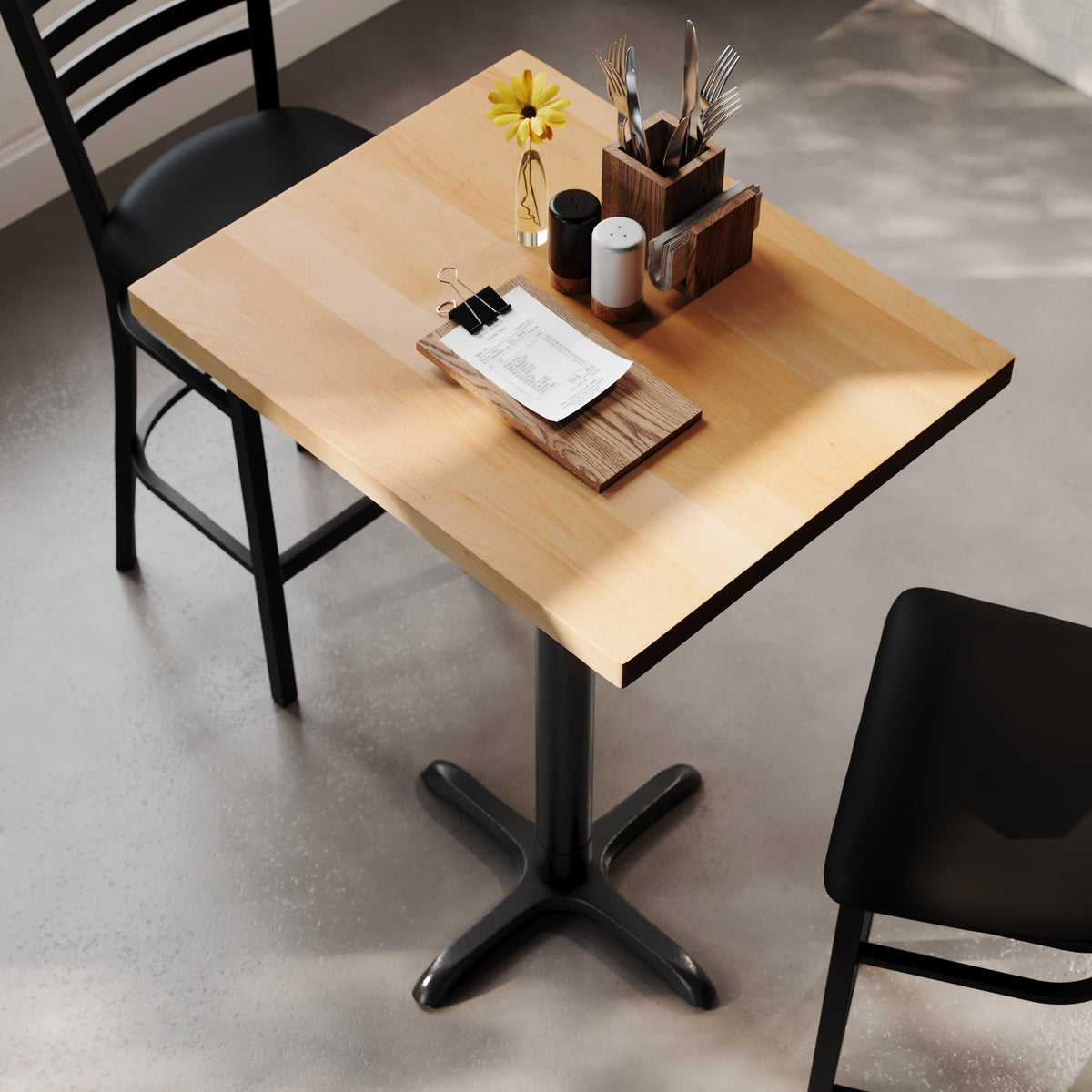 Natural Top/Black Base,30"L x 24"W |#| Commercial 24x30 Natural Wood Tabletop and 22x22 Bar Height BK Cast Iron X Base