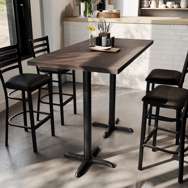 Dark Brown Top/Black Base,60"L x 30"W |#| Commercial 30x60 DK Brown Wood Tabletop and 22x22 Bar Height BK Cast Iron X Base