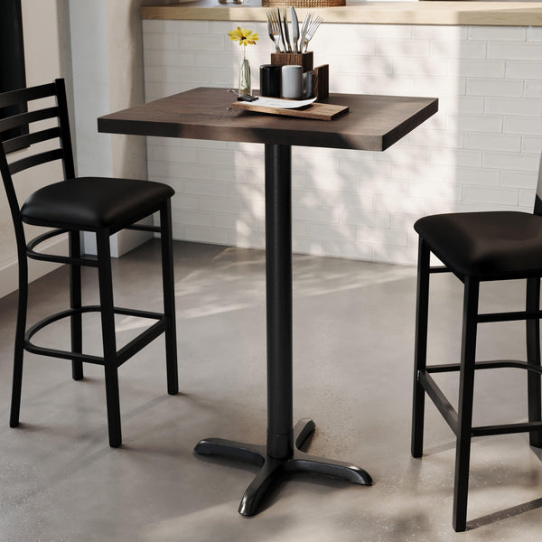 Dark Brown Top/Black Base,30"L x 24"W |#| Commercial 24x30 DK Brown Wood Tabletop and 22x22 Bar Height BK Cast Iron X Base