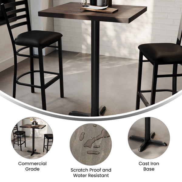 Dark Brown Top/Black Base,30"L x 24"W |#| Commercial 24x30 DK Brown Wood Tabletop and 22x22 Bar Height BK Cast Iron X Base