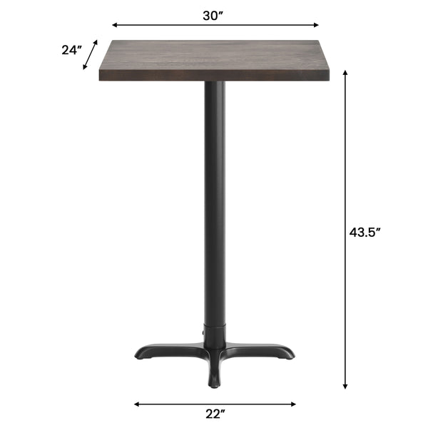 Dark Brown Top/Black Base,30"L x 24"W |#| Commercial 24x30 DK Brown Wood Tabletop and 22x22 Bar Height BK Cast Iron X Base