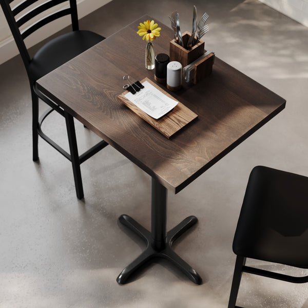 Dark Brown Top/Black Base,30"L x 24"W |#| Commercial 24x30 DK Brown Wood Tabletop and 22x22 Bar Height BK Cast Iron X Base