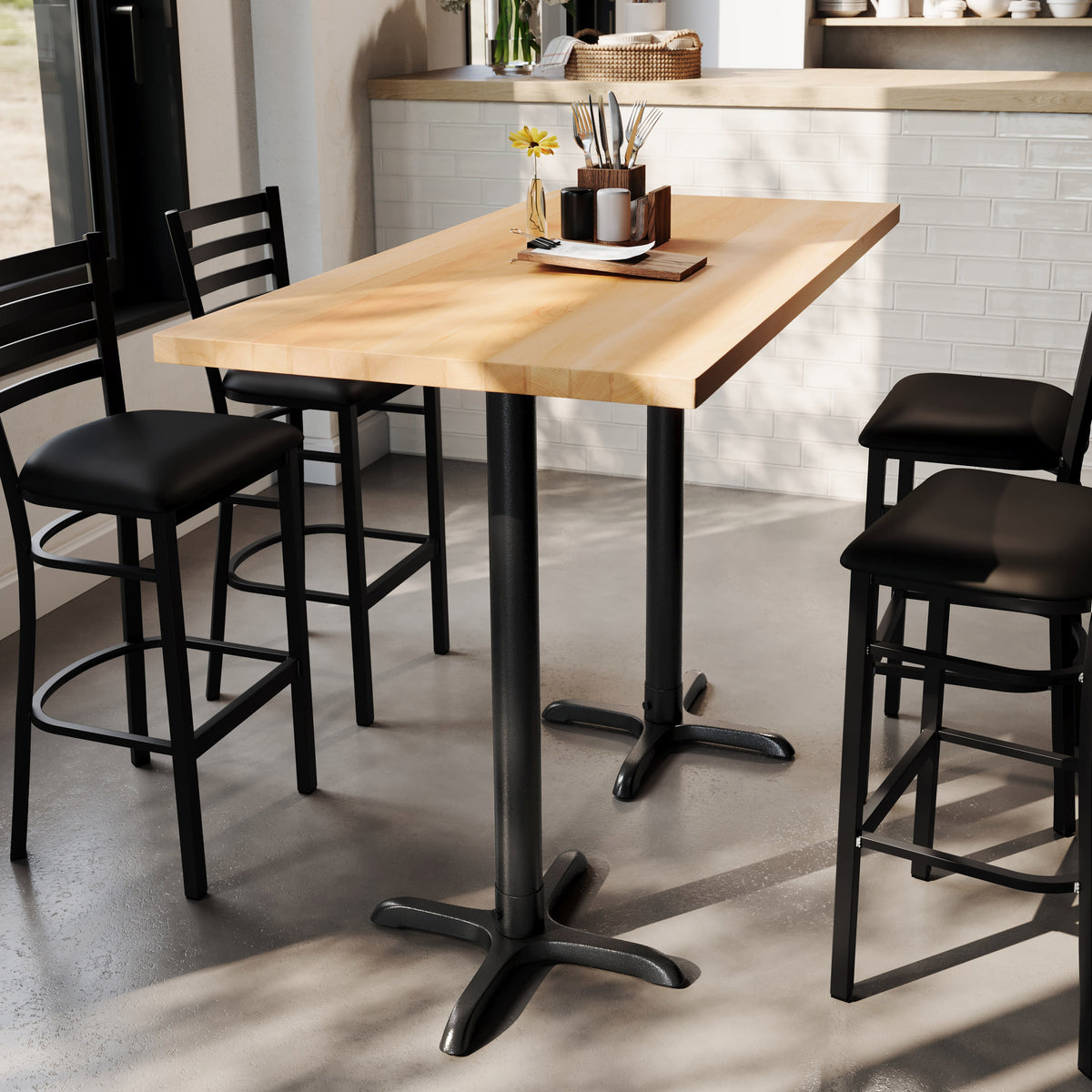 Natural Top/Black Base,60"L x 30"W |#| Commercial 30x60 Natural Wood Tabletop and 22x22 Bar Height BK Cast Iron X Base