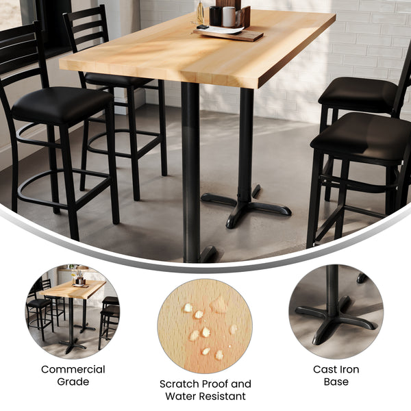 Natural Top/Black Base,60"L x 30"W |#| Commercial 30x60 Natural Wood Tabletop and 22x22 Bar Height BK Cast Iron X Base