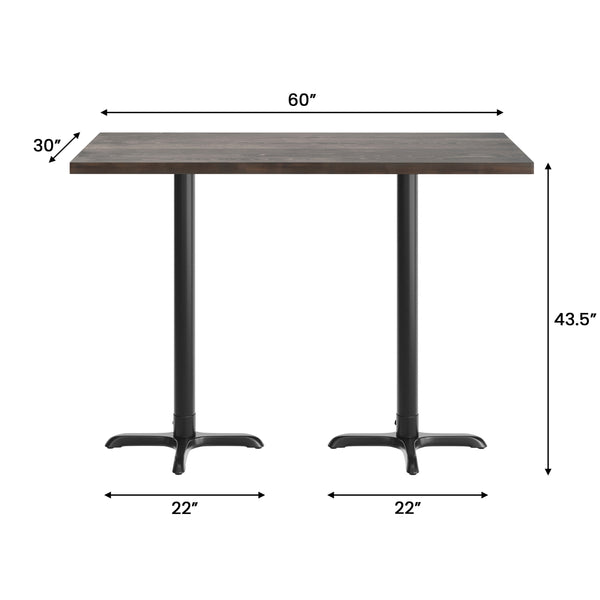 Dark Brown Top/Black Base,60"L x 30"W |#| Commercial 30x60 DK Brown Wood Tabletop and 22x22 Bar Height BK Cast Iron X Base