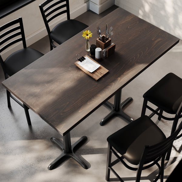 Dark Brown Top/Black Base,60"L x 30"W |#| Commercial 30x60 DK Brown Wood Tabletop and 22x22 Bar Height BK Cast Iron X Base