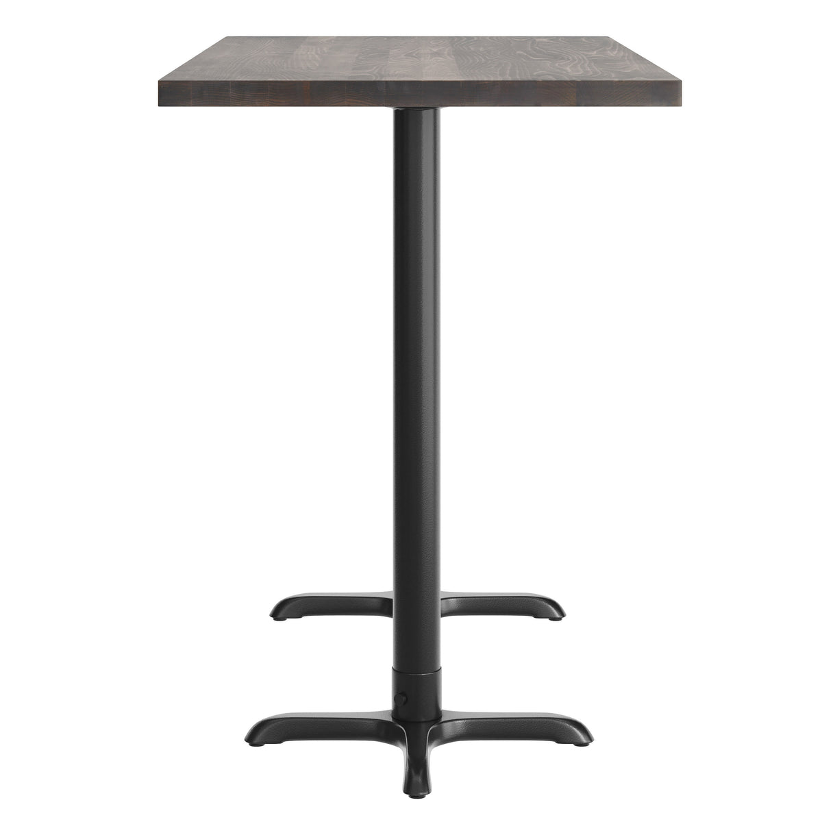 Dark Brown Top/Black Base,60"L x 30"W |#| Commercial 30x60 DK Brown Wood Tabletop and 22x22 Bar Height BK Cast Iron X Base