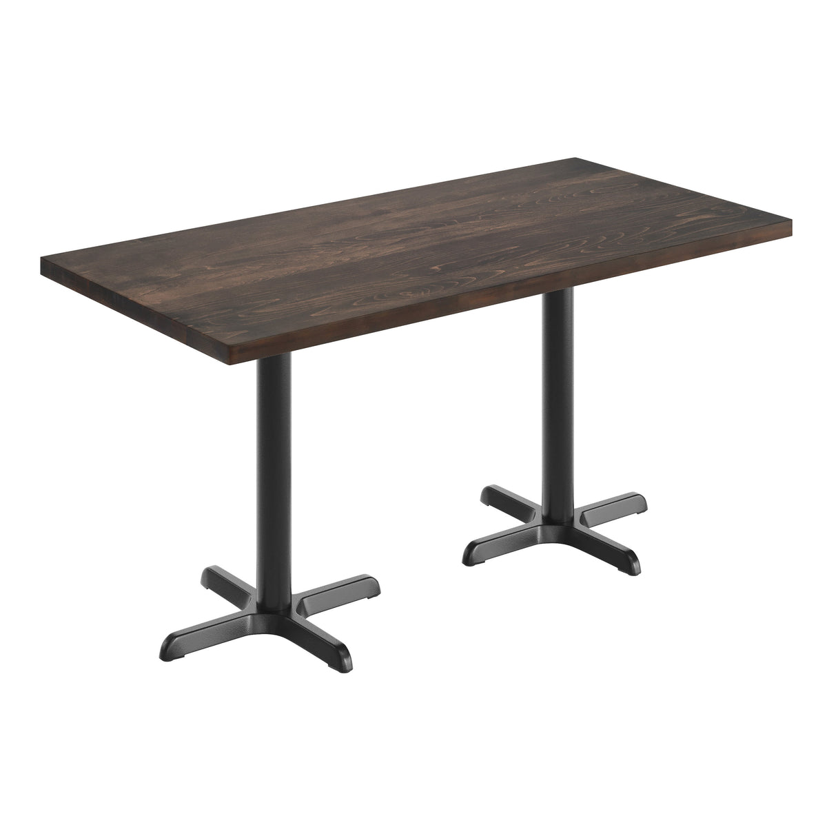 Dark Brown Top/Black Base,60"L x 30"W |#| Commercial 30x60 DK Brown Wood Tabletop and 22x22 Black Cast Iron X Base