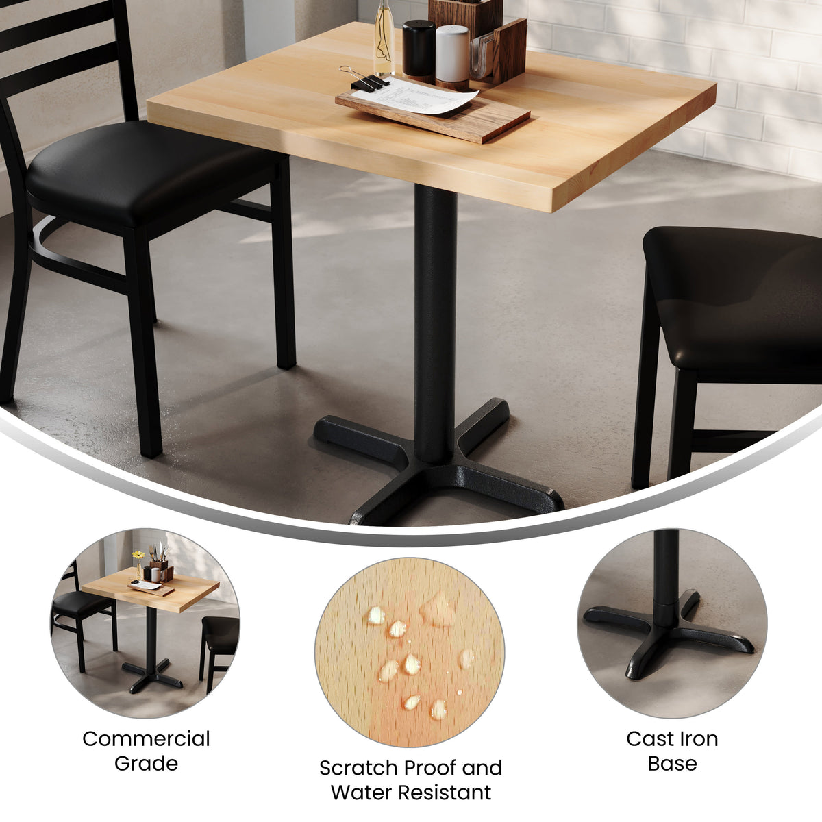 Natural Top/Black Base,30"L x 24"W |#| Commercial 24x30 Natural Wood Tabletop and 22x22 Black Cast Iron X Base