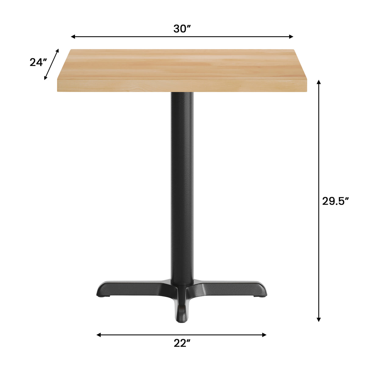 Natural Top/Black Base,30"L x 24"W |#| Commercial 24x30 Natural Wood Tabletop and 22x22 Black Cast Iron X Base