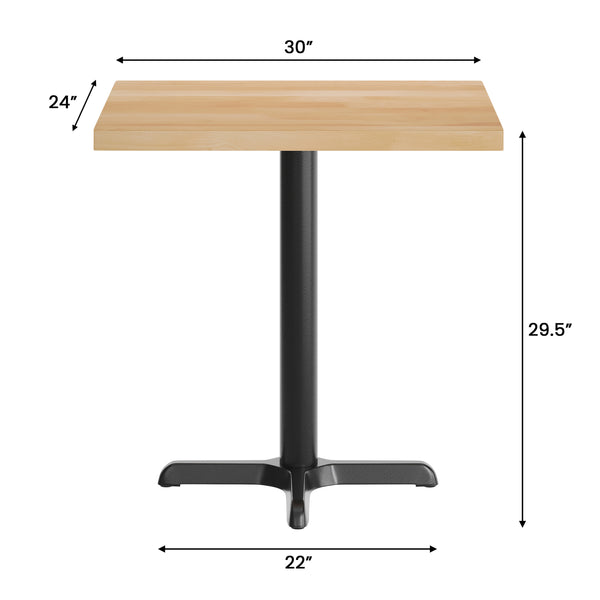 Natural Top/Black Base,30"L x 24"W |#| Commercial 24x30 Natural Wood Tabletop and 22x22 Black Cast Iron X Base