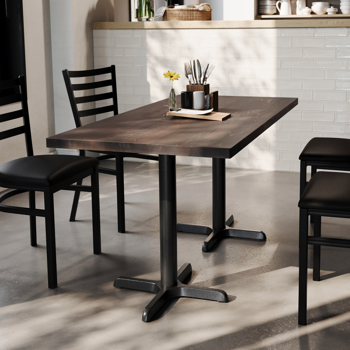Dark Brown Top/Black Base,60"L x 30"W |#| Commercial 30x60 DK Brown Wood Tabletop and 22x22 Black Cast Iron X Base