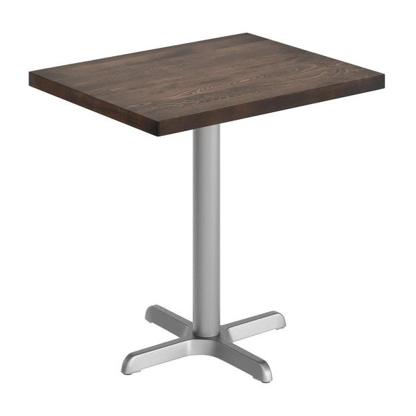 Dark Brown Top/Silver Base,30"L x 24"W |#| Commercial 24x30 DK Brown Wood Tabletop and 22x22 Silver Cast Iron X Base