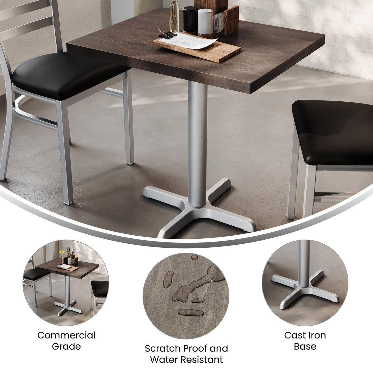 Dark Brown Top/Silver Base,30"L x 24"W |#| Commercial 24x30 DK Brown Wood Tabletop and 22x22 Silver Cast Iron X Base