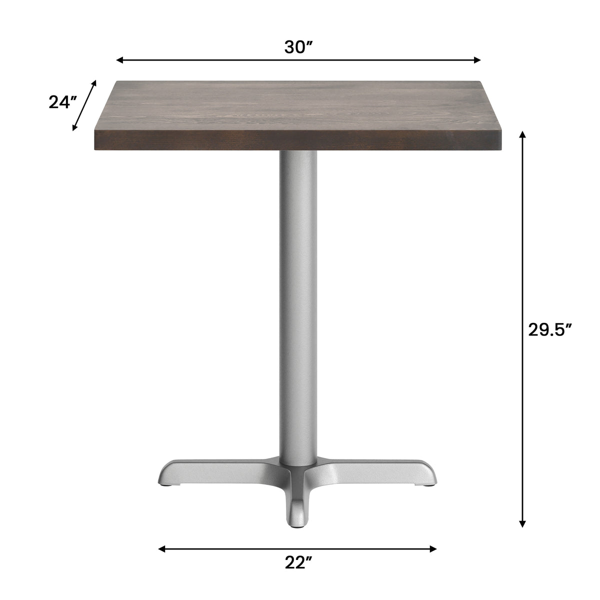 Dark Brown Top/Silver Base,30"L x 24"W |#| Commercial 24x30 DK Brown Wood Tabletop and 22x22 Silver Cast Iron X Base