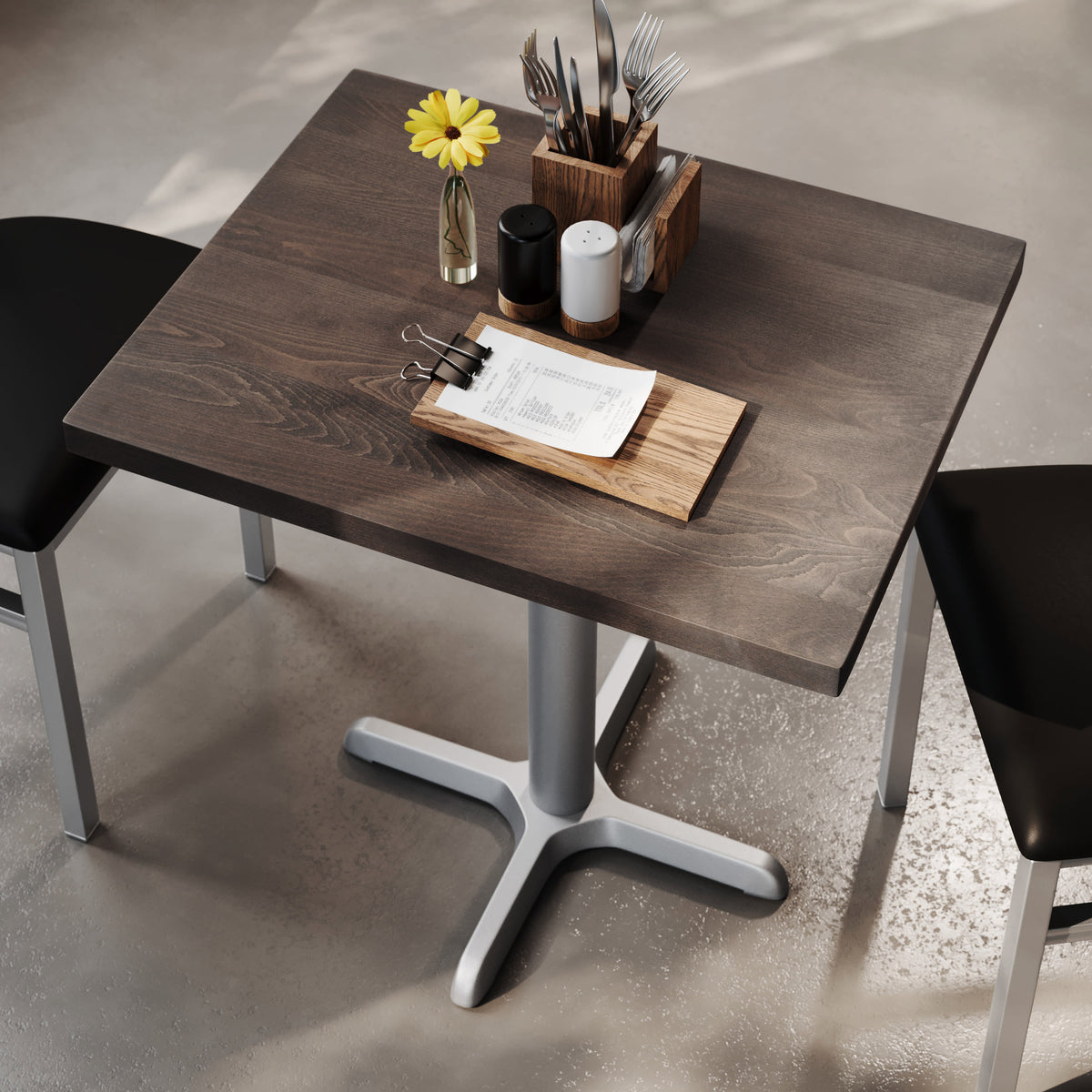 Dark Brown Top/Silver Base,30"L x 24"W |#| Commercial 24x30 DK Brown Wood Tabletop and 22x22 Silver Cast Iron X Base