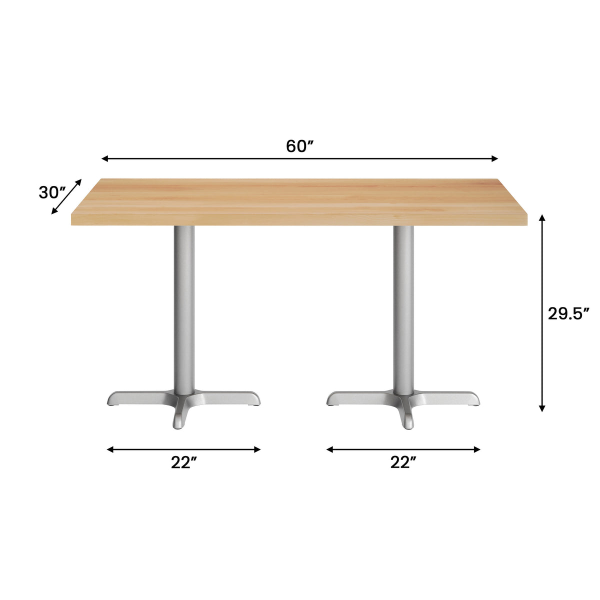Natural Top/Silver Base,60"L x 30"W |#| Commercial 30x60 Natural Wood Tabletop and 22x22 Silver Cast Iron X Base