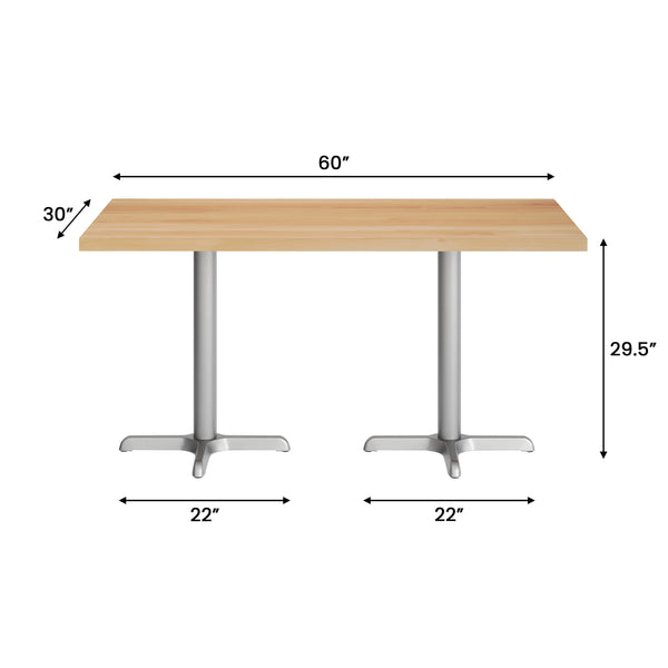 Natural Top/Silver Base,60"L x 30"W |#| Commercial 30x60 Natural Wood Tabletop and 22x22 Silver Cast Iron X Base