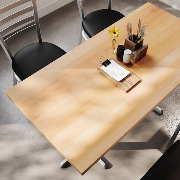 Natural Top/Silver Base,60"L x 30"W |#| Commercial 30x60 Natural Wood Tabletop and 22x22 Silver Cast Iron X Base