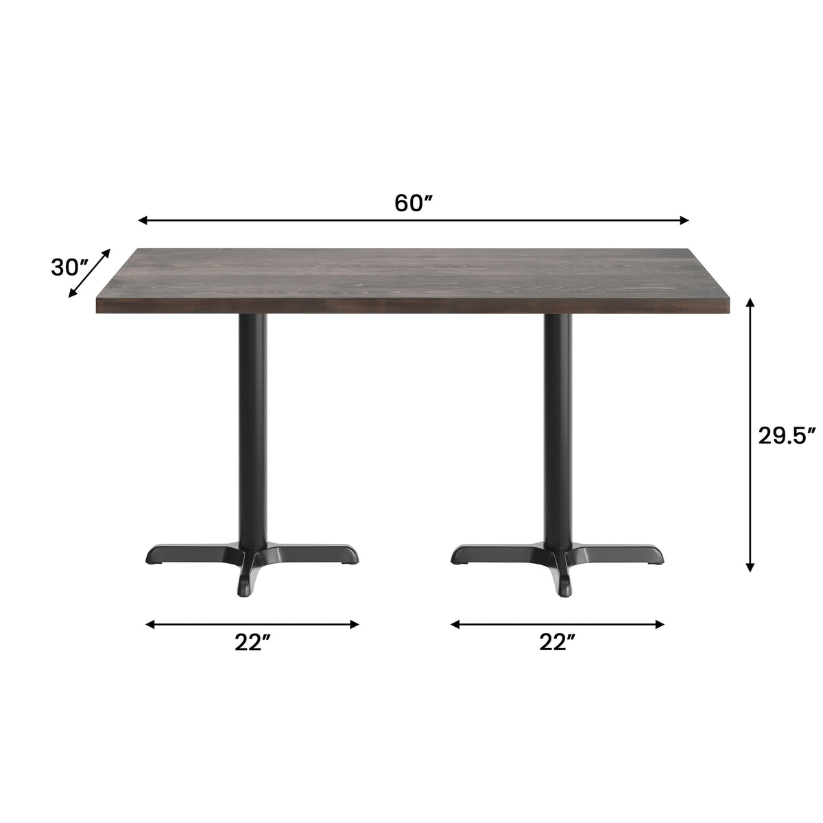 Dark Brown Top/Black Base,60"L x 30"W |#| Commercial 30x60 DK Brown Wood Tabletop and 22x22 Black Cast Iron X Base
