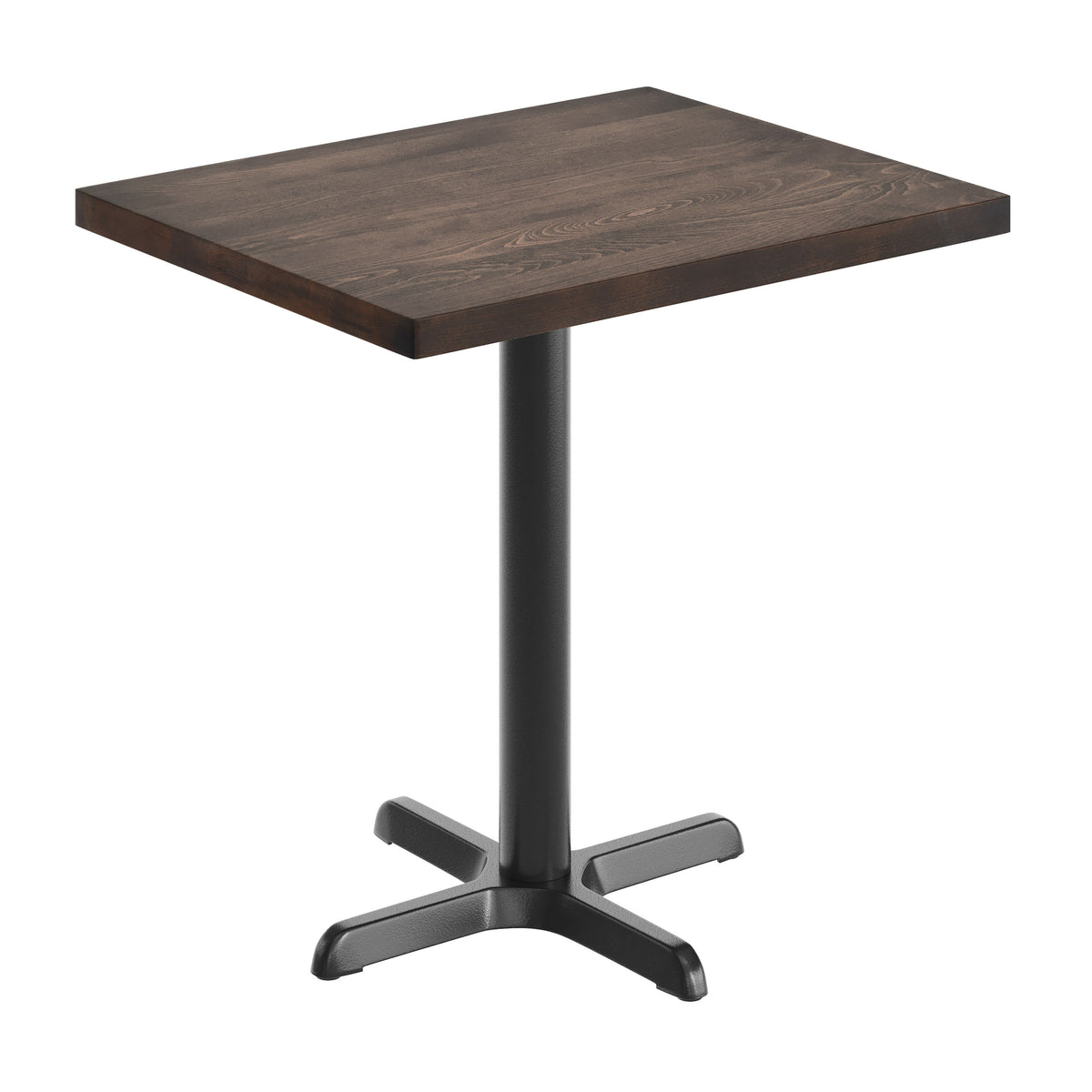 Dark Brown Top/Black Base,30"L x 24"W |#| Commercial 24x30 DK Brown Wood Tabletop and 22x22 Black Cast Iron X Base